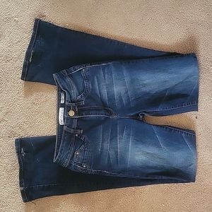 Blue denim high rise flared jeans